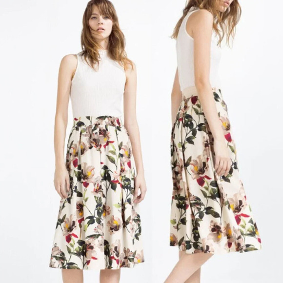 Zara Floral Pleated Midi Skirt 28737 - Picture 1 of 9